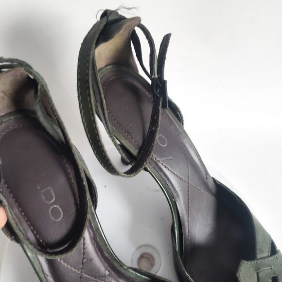Aldo Heels Size 9 Y2K 90s Olive Green Leather Pointy Toe Ankle Strap Stiletto - Picture 8 of 11